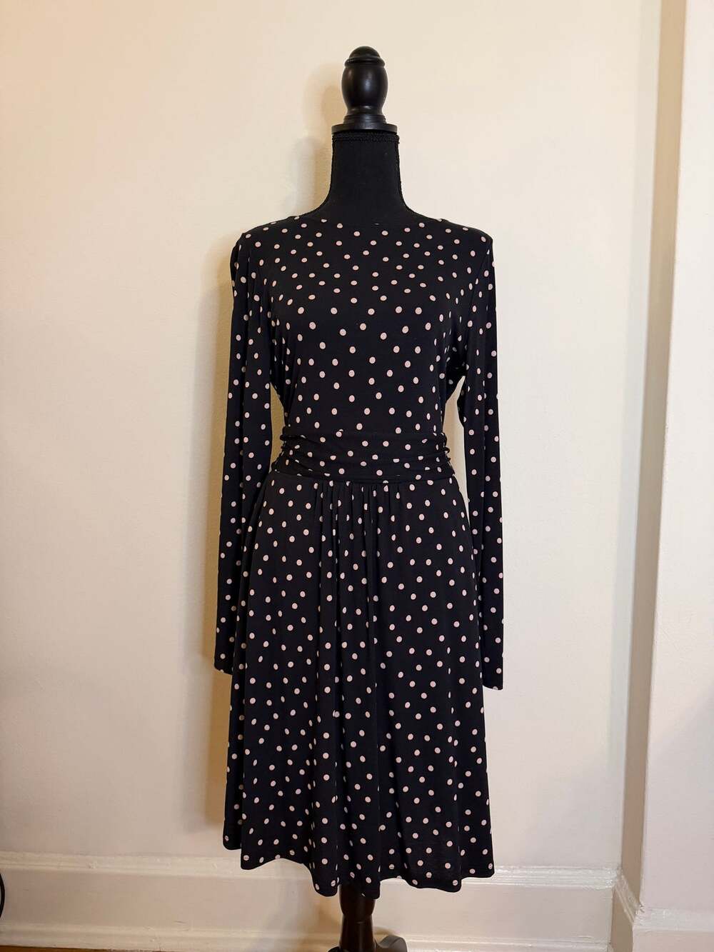Boden Abigail Jersey Black Dress Long Sleeve with Pink Polka Dots | Size 8